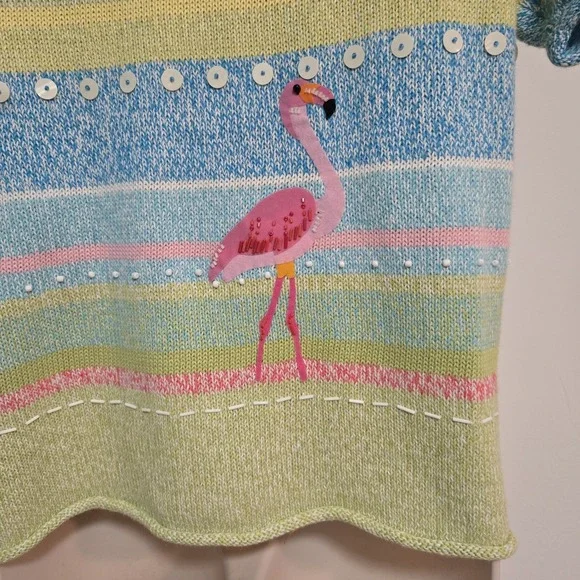 Susan Bristol Size S Short Sleeve Sweater Cardigan Beaded Flamingos 2001 NEW - Picture 5 of 8